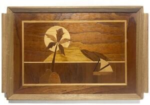 Inlaid Wood Serving Tray - Sailboat Island Motif - 18.5" x 12.5" Vintage 1980